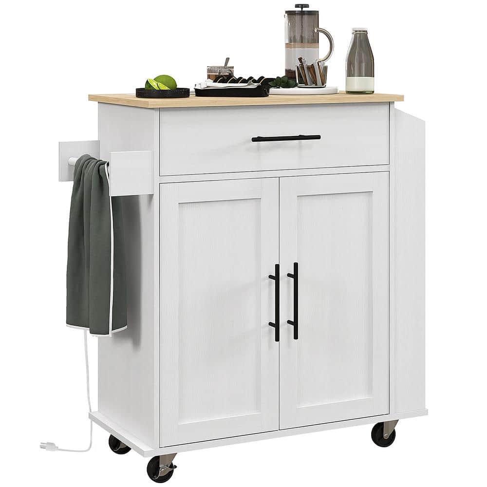 White Wood 15 in. Kitchen Island with AC Outlets USB Ports Microwave Stand with Towel and Spice Rack - Hercitys