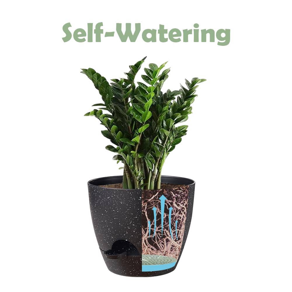 Plant Pot 12/10/9 in., Speckled Black Plastic Self Watering for Indoor/Outdoor Plants with Drainage Hole, (3-Pack) - Hercitys