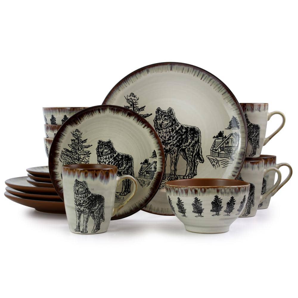 Majestic Wolf 16-Piece Holiday Taupe Stoneware Dinnerware Set (Service for 4) - Hercitys