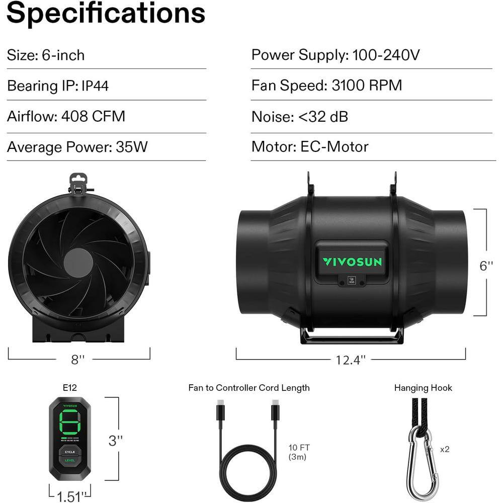 AeroZesh T6 408 CFM Inline Duct Fan with E12 Speed Controller - Hercitys