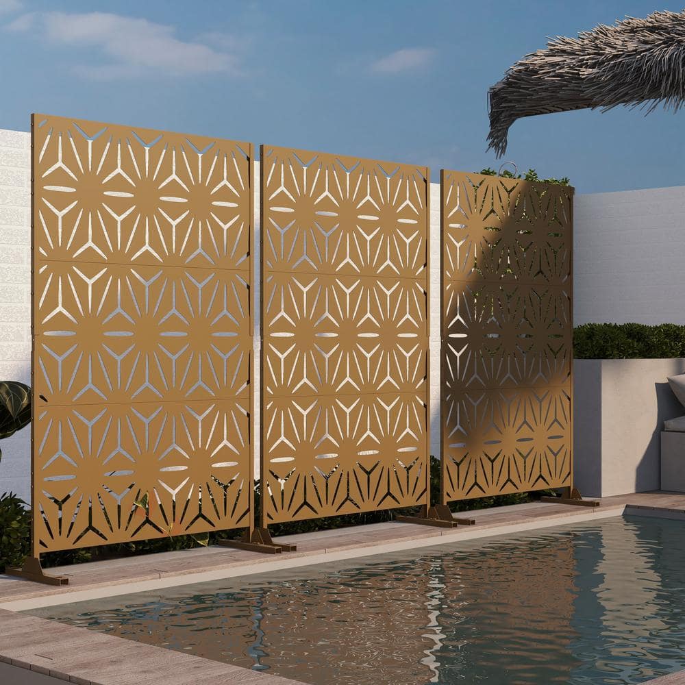 UIXE 76 in. Galvanized Steel Garden Fence Outdoor Privacy Screen Garden Screen Panels in Brown - Hercitys