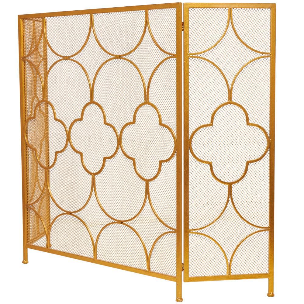 Gold Metal 50 in. W Foldable Mesh Netting 3 Panel Geometric Fireplace Screen with Quatrefoil Design - Hercitys