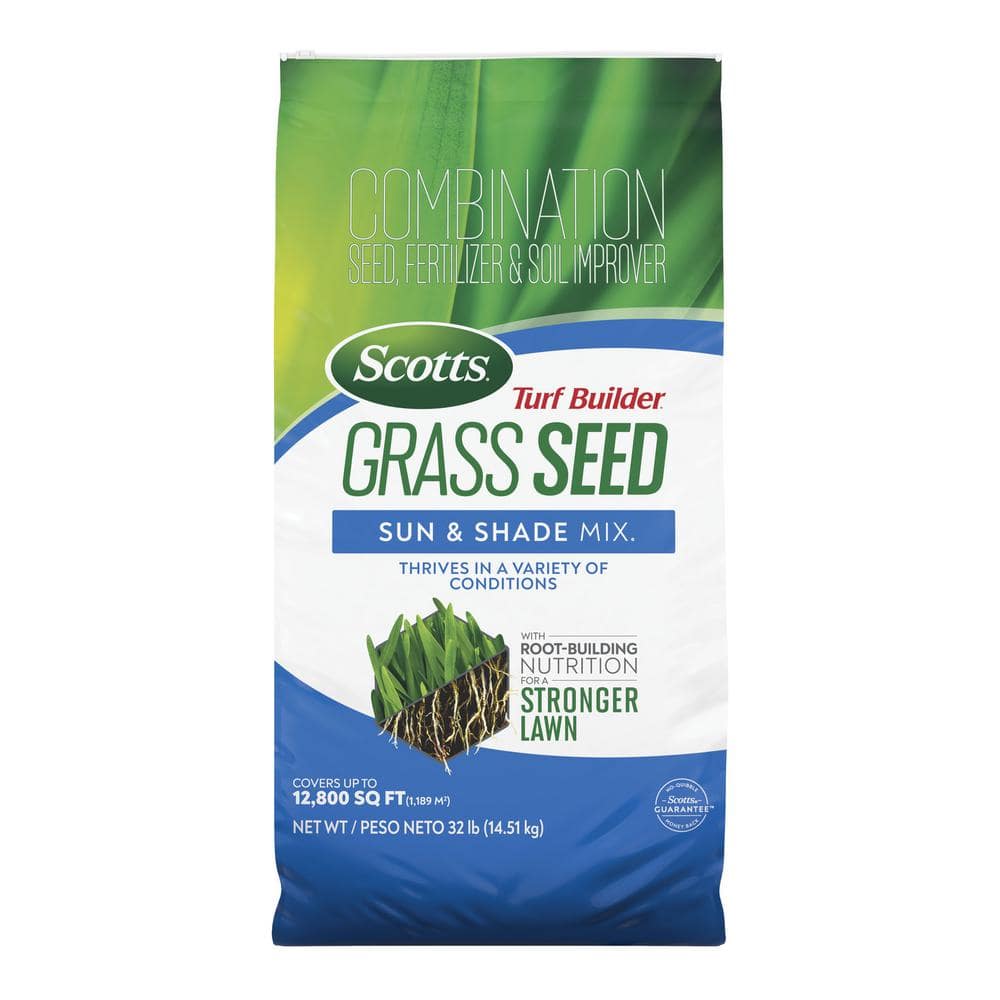 Turf Builder 32 lbs. Grass Seed Sun & Shade Mix with Fertilizer and Soil Improver Thrives in a Variety of Conditions - Hercitys