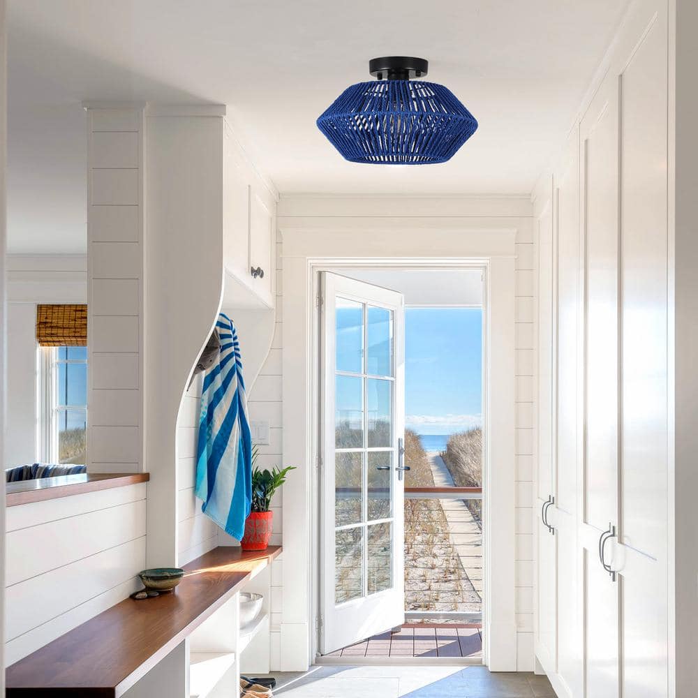 Semiko 12.6 in. 1-Light Blue Hand-Woven Rattan Caged Semi Flush Mount Ceiling Light With Shade - Hercitys