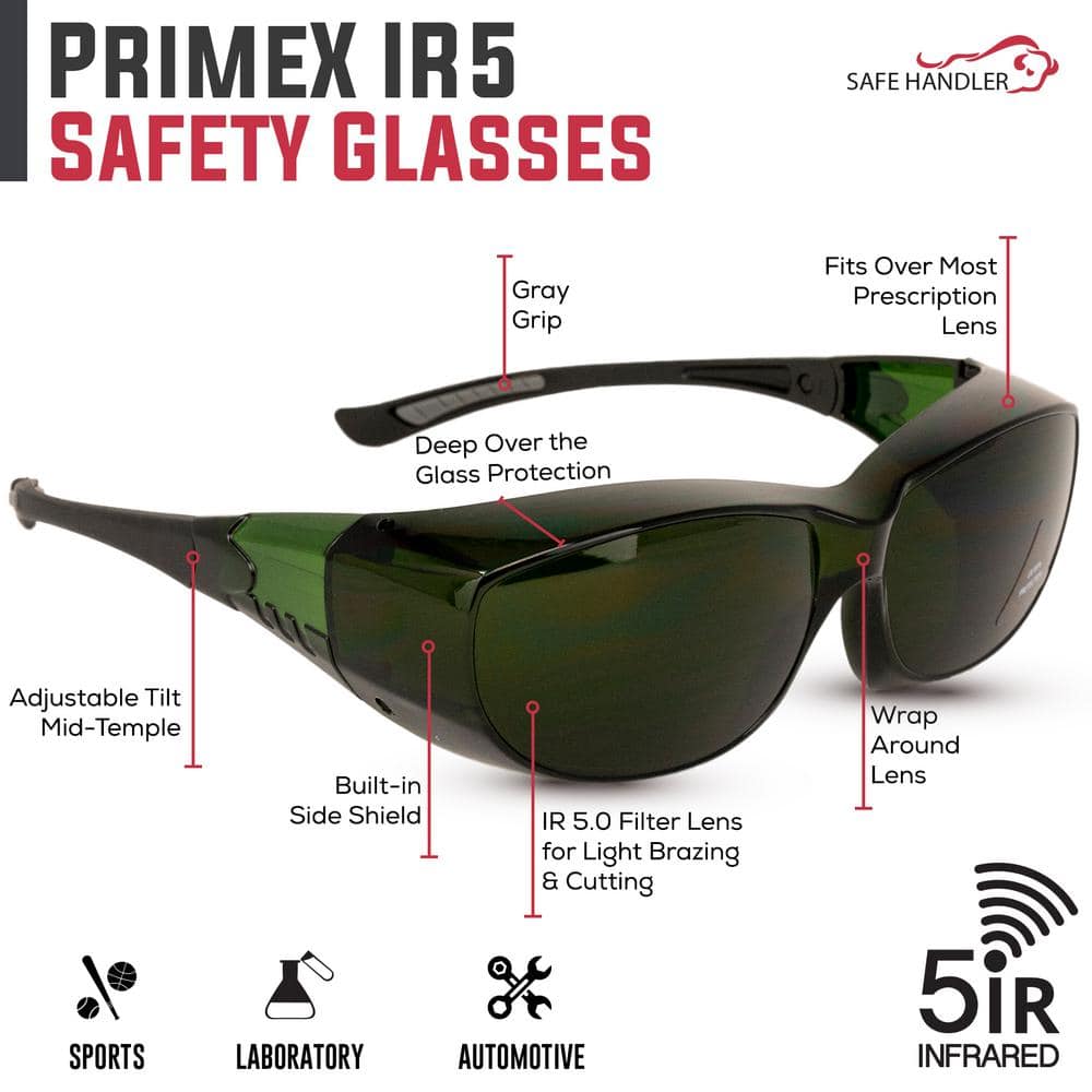 PrimeX, Green IR5 Welding Safety Glasses, Anti-Fog-Scratch Wrap Around Lenses, (3-Pairs) - Hercitys