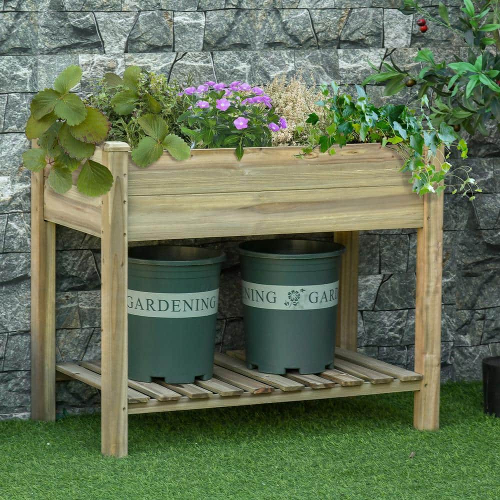 Light Green Wood Raised Garden Bed with Legs and Storage Shelf, Elevated Wood Planter Box - Hercitys