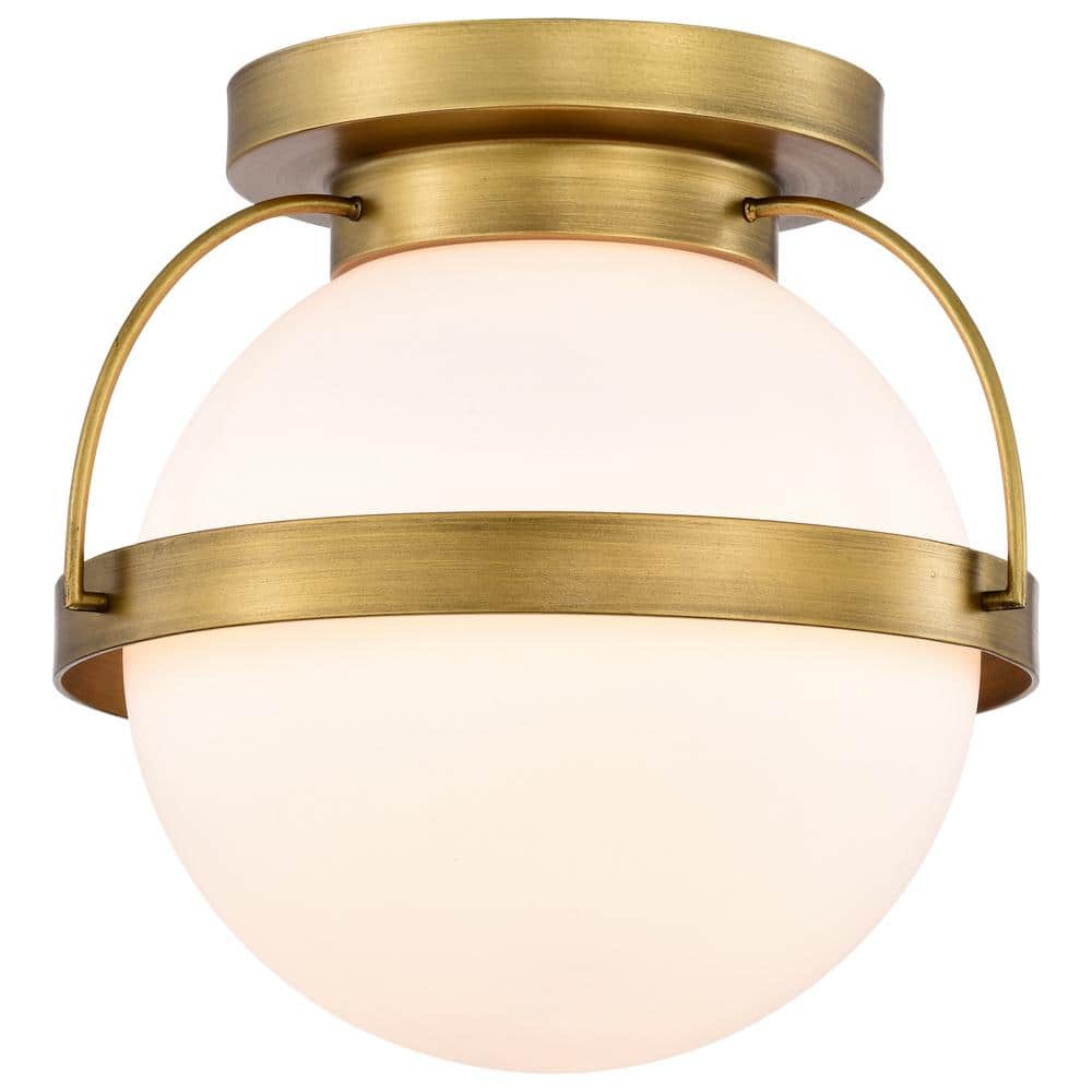 Lakeshore 10 in. 1-Light Natural Brass Transitional Flush Mount with White Opal Glass Shade and No Bulbs Included - Hercitys