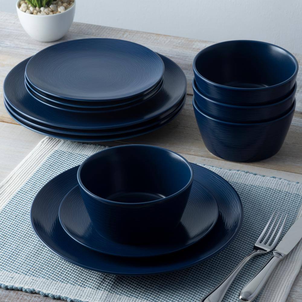 Colorscapes Navy-on-Navy Swirl 10.75 in. (Blue) Porcelain Square Dinner Plates, (Set of 4) - Hercitys