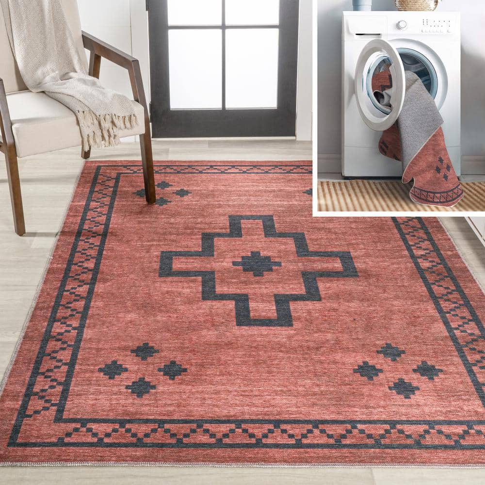 Korsa Geometric Medallion Machine-Washable Red/Black 9 ft. x 12 ft. Area Rug - Hercitys