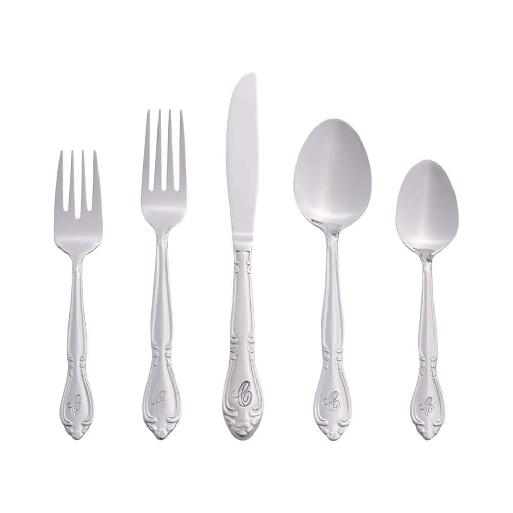 Rose Monogrammed Letter C 46-Piece Silver Stainless Steel Flatware Set (Service for 8) - Hercitys