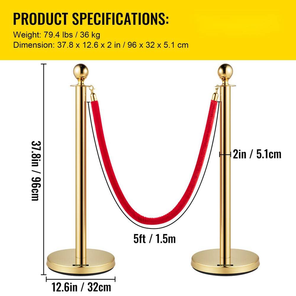 Velvet Ropes and Posts 5 ft. Red Rope Stainless Steel Gold Stanchion with Ball Top 6 PCS Crowd Control Barrier - Hercitys