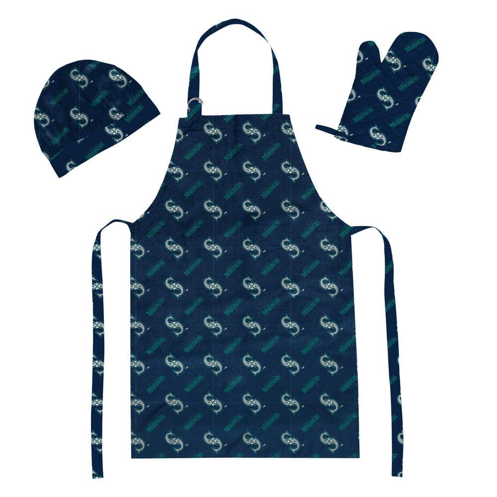 MLB Mariners 3-Pieces Set Blue Apron Oven Mitt and Hat - Hercitys