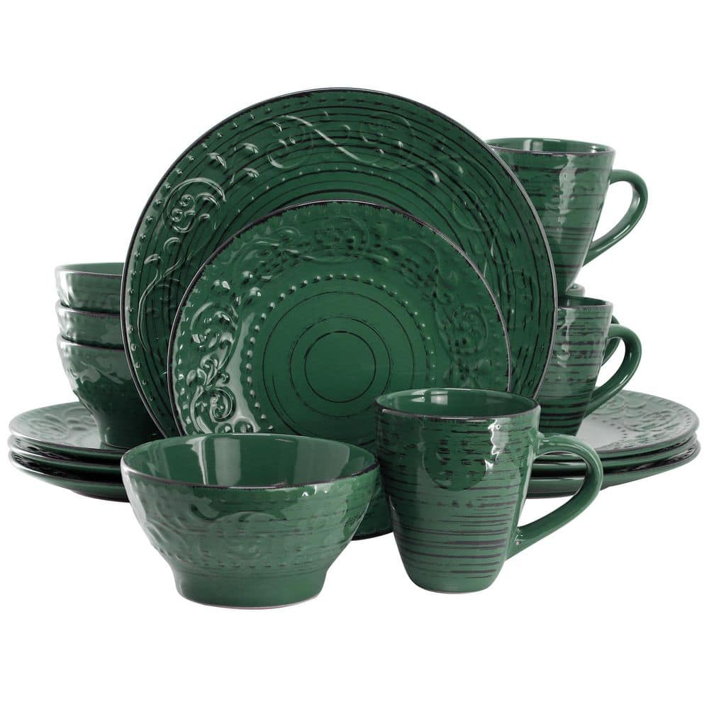 Elama Pacifica Emerald Coast 16-Piece Dinnerware Set in Dark Green - Hercitys