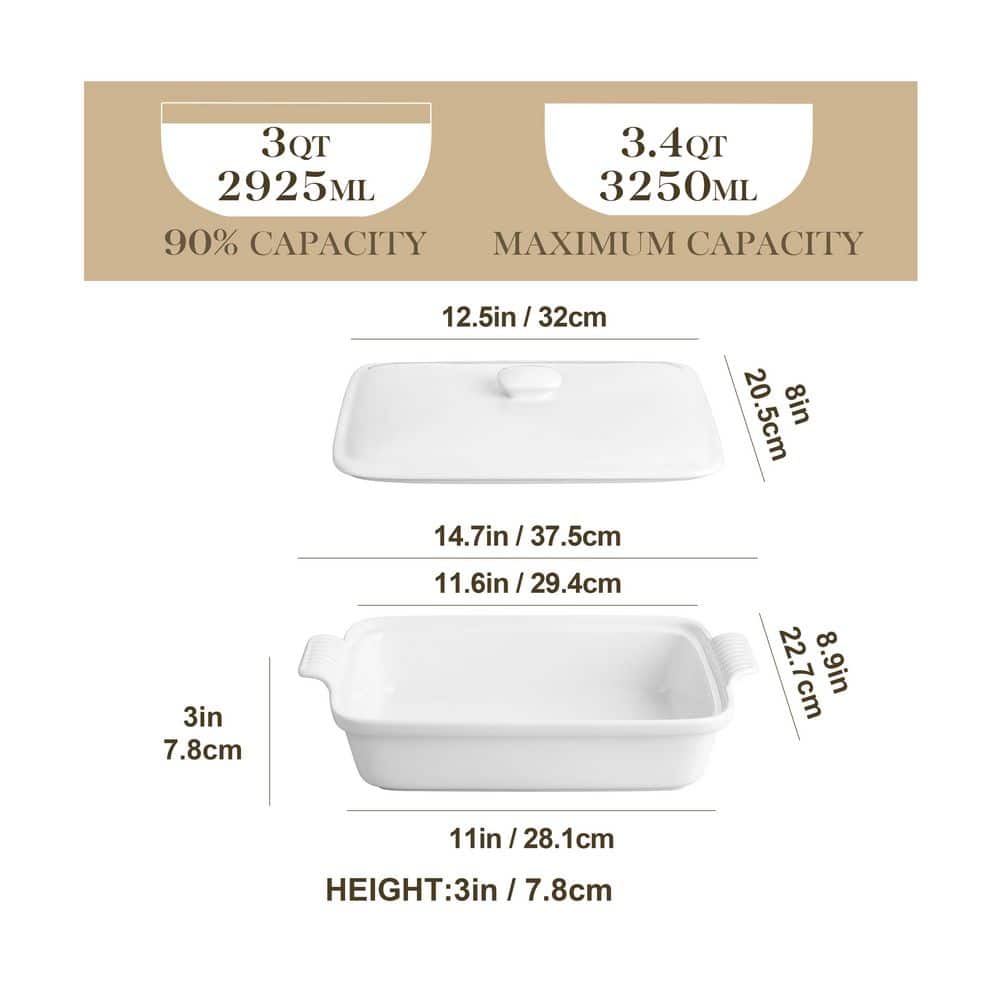 Porcelain 1-Piece Rectangular Baking Dish Set with Lid White Lasagna Casserole Bakeware - Hercitys