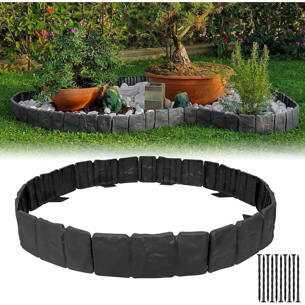 9.5 in. x 4 in. x 9.5 in. Weather Resistant Black Composite Stone Effect Plastic Lawn Edging with Spikes 30-Pieces - Hercitys