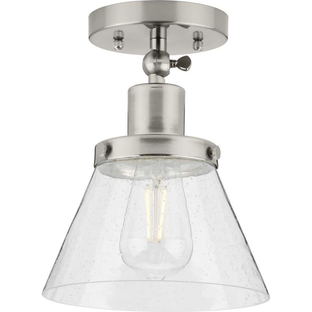 Hinton 1-Light Brushed Nickel Seeded Glass Industrial Flush Mount Ceiling Light - Hercitys