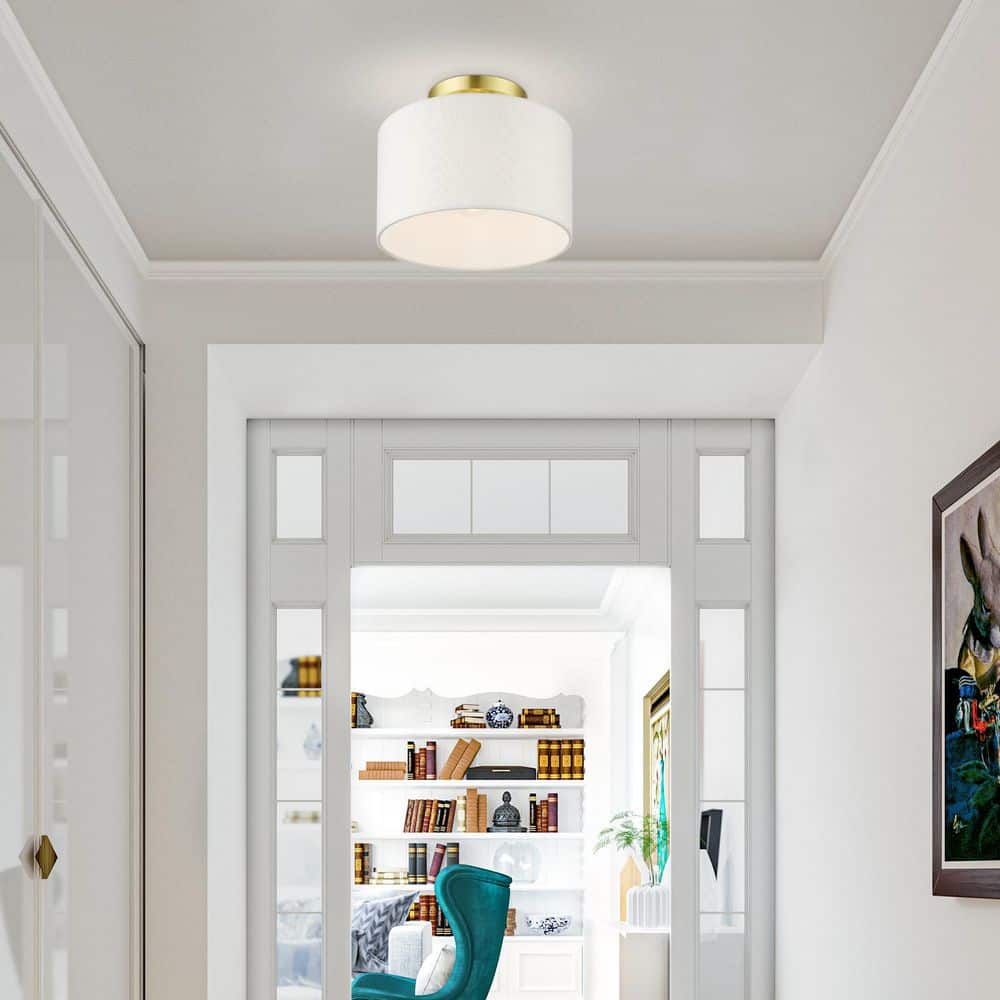 Mercury 10 in. 1-Light Satin Brass Semi Flush Mount with Off-White Fabric Shade - Hercitys