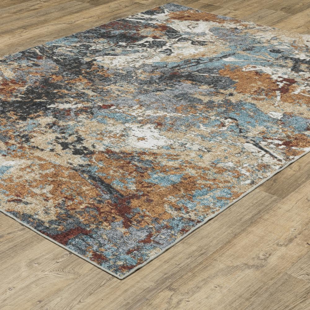 Summit Blue/Rust 5 ft. x 7 ft. Abstract Earth Polyester Machine Washable Indoor Area Rug - Hercitys