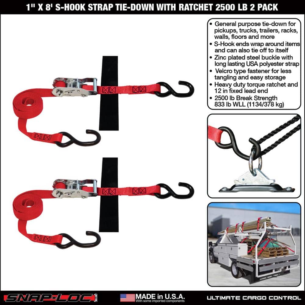 8 ft. x 1 in. S-Hook Ratchet Strap with Hook and Loop Storage Fastener in Red (2-Pack) - Hercitys