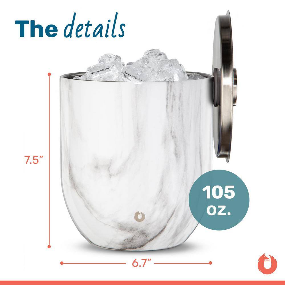 Stainless Steel 7 in. D 3 Qt. White Marble Ice Bucket Lid/Tongs-Bar Elegant Bartending Parties-Outdoor-Insulated - Hercitys