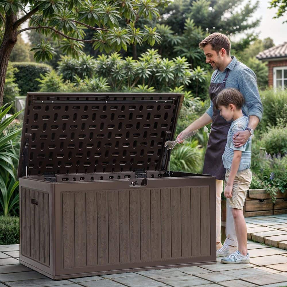 90 Gal. Double-Wall Deck Box, Large Resin Outdoor Storage Box for Patio Furniture, Lockable and Waterproof, Dark Brown - Hercitys