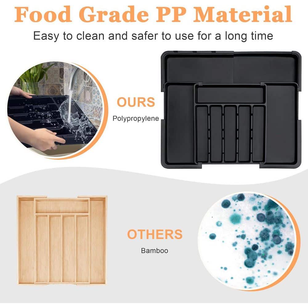 Silverware Organizer Expandable Adjustable Kitchen Utensil Drawer Tray Large BPA-Free Cutlery Storage Divider Black - Hercitys