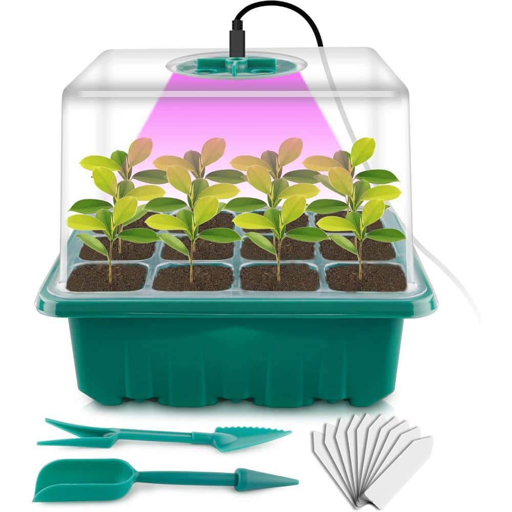 Reusable Seed Starter Tray Kit with LED Grow Lights, 12 Cells per Tray, Humidity Dome, Hydroponic Propagation - Hercitys