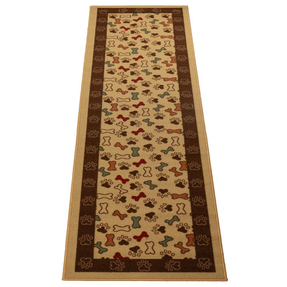 Pet Collection Bones & Paws Design Beige 2 ‘ Width x 7’ Your Choice Length Slip Resistant Rubber Stair Runner Rug - Hercitys
