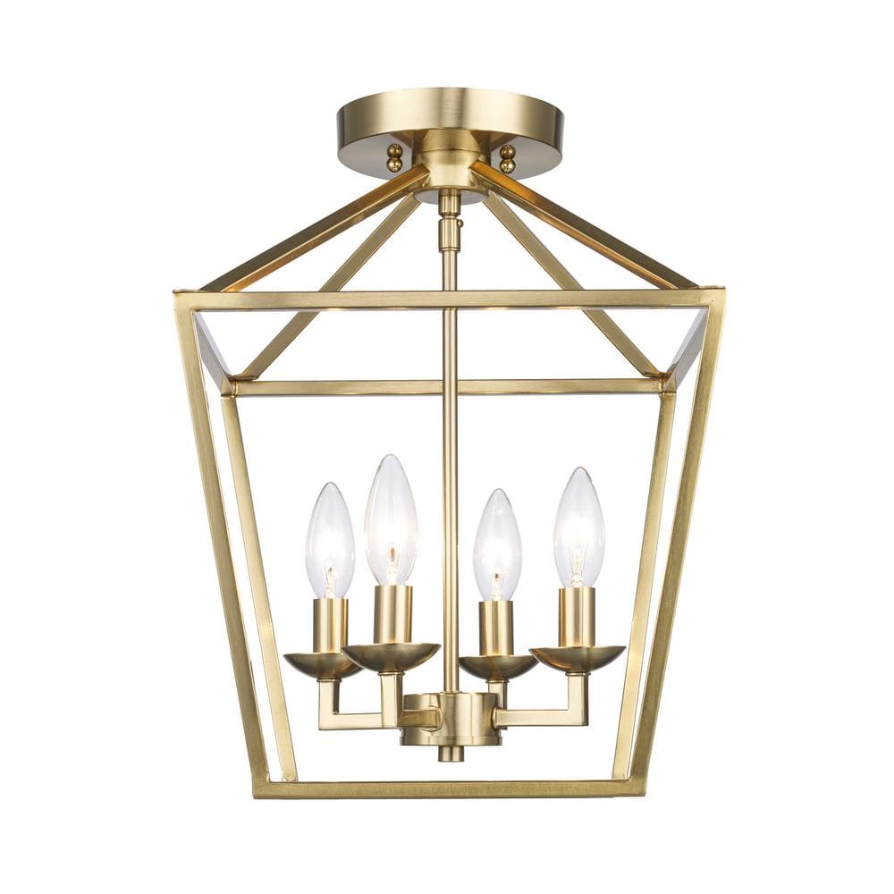 Weyburn 16.5 in. 4-Light Gold Farmhouse Semi-Flush Mount Ceiling Light Fixture with Caged Metal Shade - Hercitys