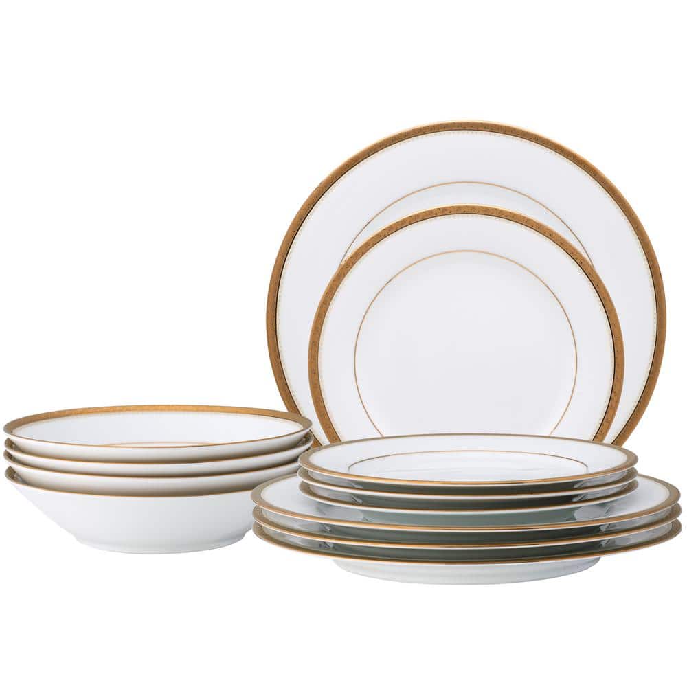 Charlotta Gold 12-Piece (Gold) Porcelain Dinnerware Set, Service for 4 - Hercitys