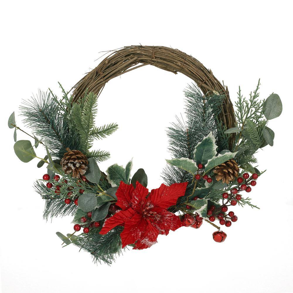 Wallsten 23.5 in. Eucalyptus Artificial Christmas Wreath with Poinsettia and Berries - Hercitys