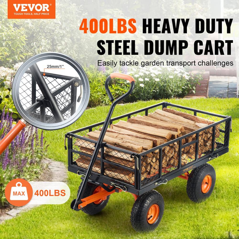 Dump Cart 2.09 cu. ft. Metal Garden Cart with Easy to Assemble Frame Dump Wagon with 2-in-1 Convertible Handle - Hercitys