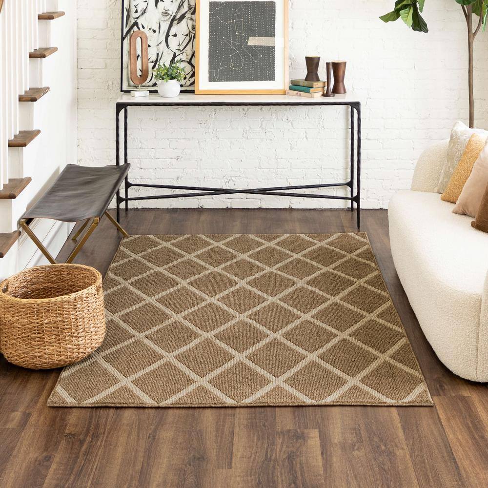 Basics Lewis Diamond Tan 5 ft. x 7 ft. Transitional Tufted Geometric Lattice Polyester Rectangle Area Rug - Hercitys