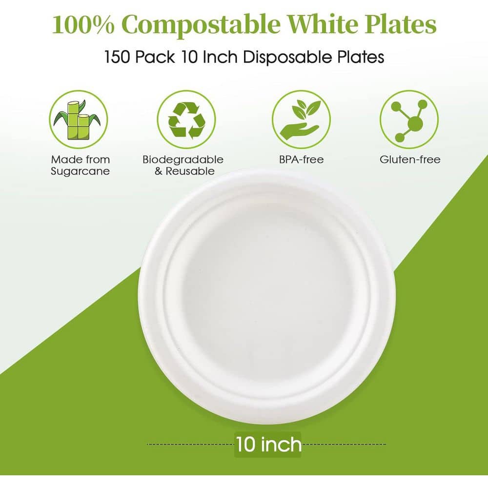 White Compostable 10 in. Heavy Duty Paper Plates 150-Pack Disposable Biodegradable Eco-friendly Sugarcane Bagasse Plates - Hercitys