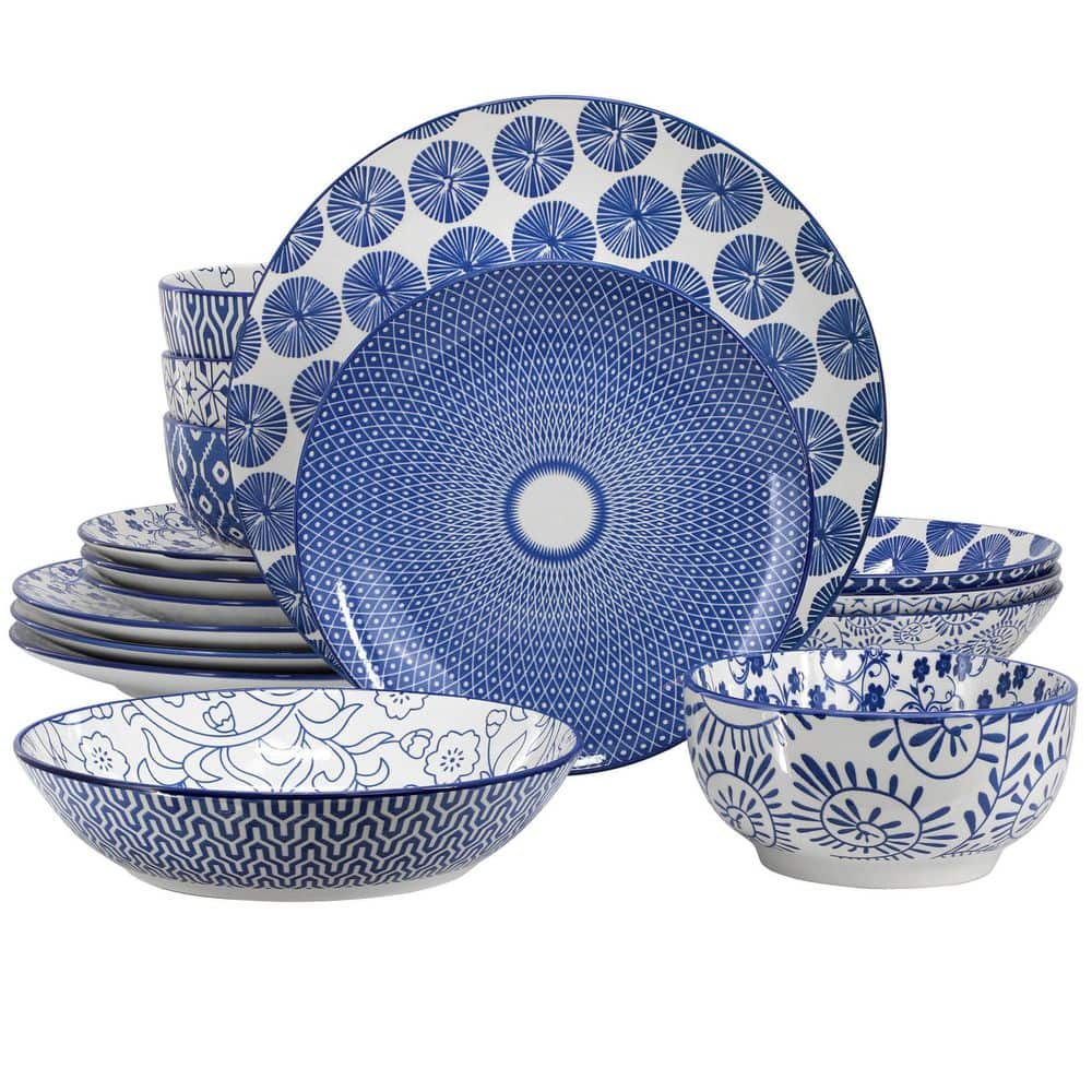 Elama Sophia 16 Piece Assorted Stoneware Double Bowl Dinnerware Set in Blue - Hercitys
