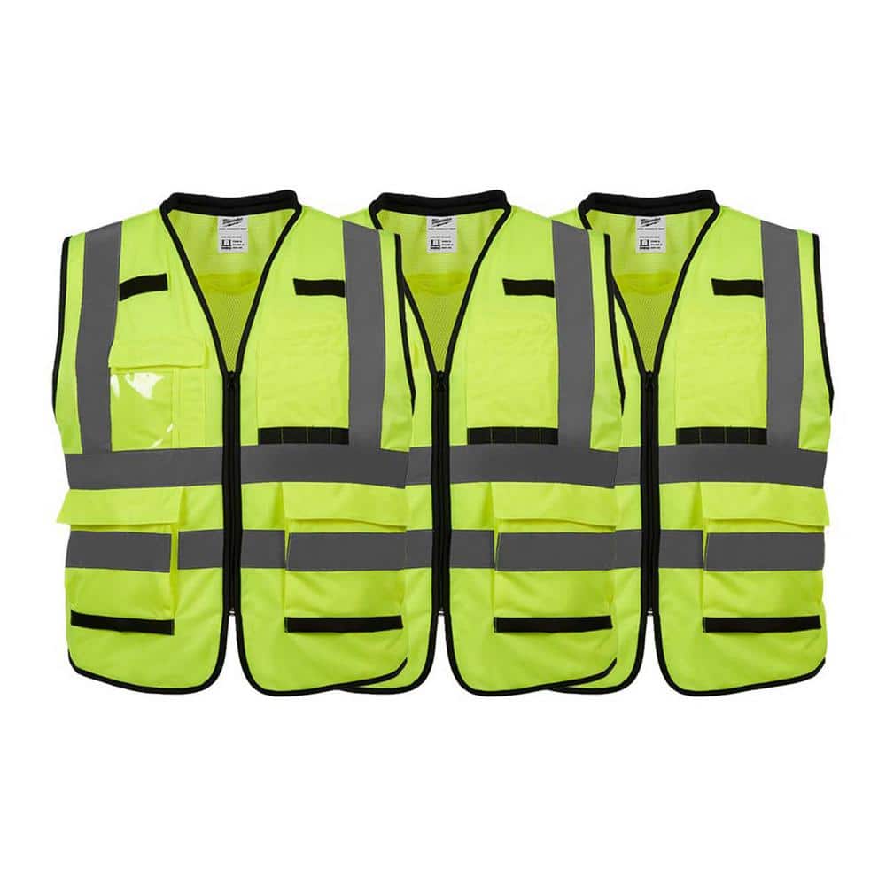 Performance Small/Medium Yellow Class 2 High Visibility Safety Vest with 15 Pockets (3-Pack) - Hercitys