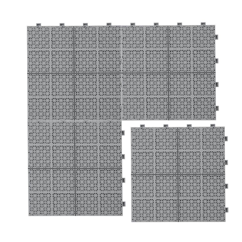 Gray 12 in. x 12 in. x 0.43 in. Thick Plastic Interlocking Deck Tiles Rosette Pattern Anti-Slip 12 sq. ft. (12-Pack) - Hercitys