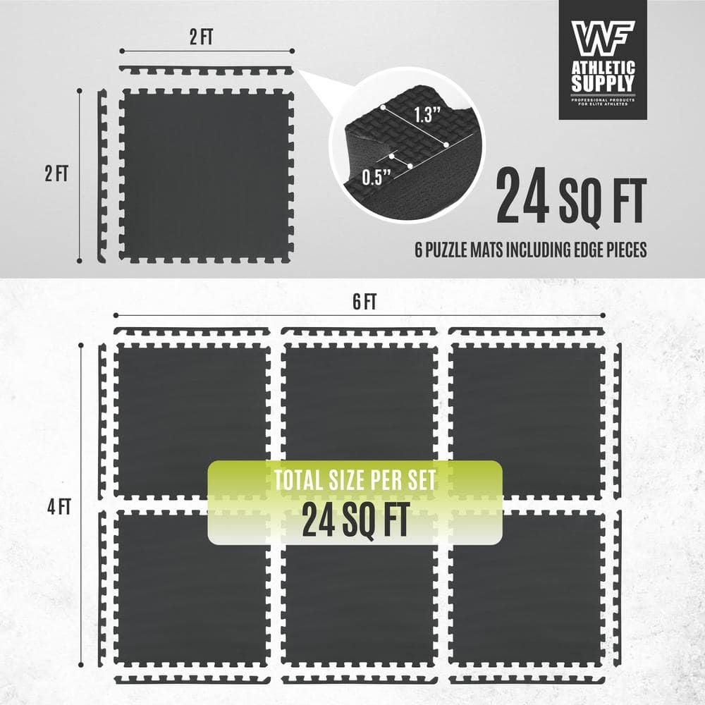 Black 24 in. W x 24 in. L x 1 in. Thick EVA Foam Double-Sided T Pattern Gym Flooring Mat (6 Tiles/Pack) (24 sq. ft.) - Hercitys