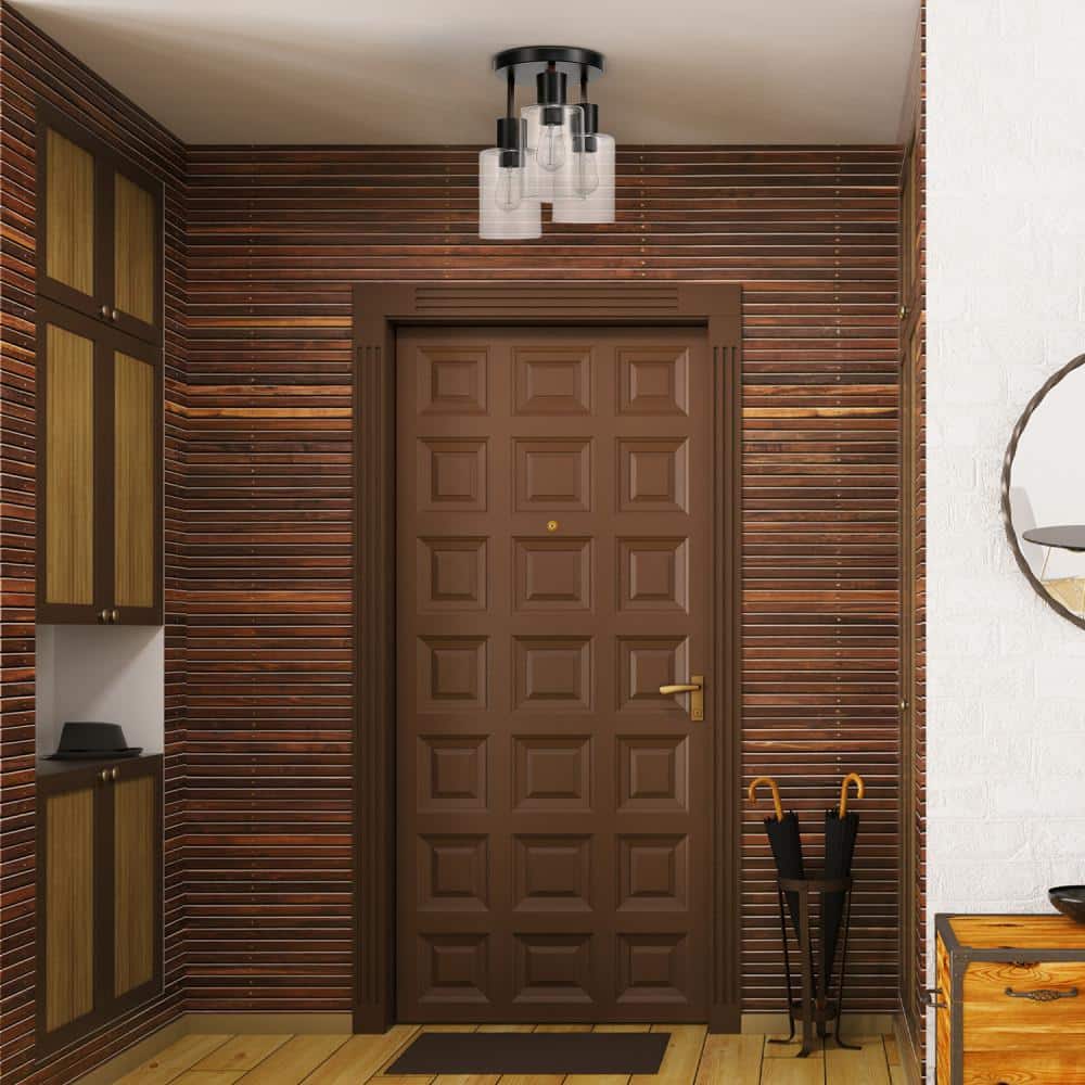 Sedona 14 in. 3-Light Matte Black with Faux Wood Flush Mount - Hercitys