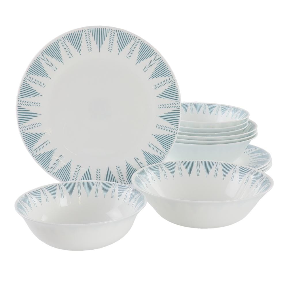 Piper Point 12-Pcs Opal Glass Dinnerware Set in White With Blue Accents - Hercitys