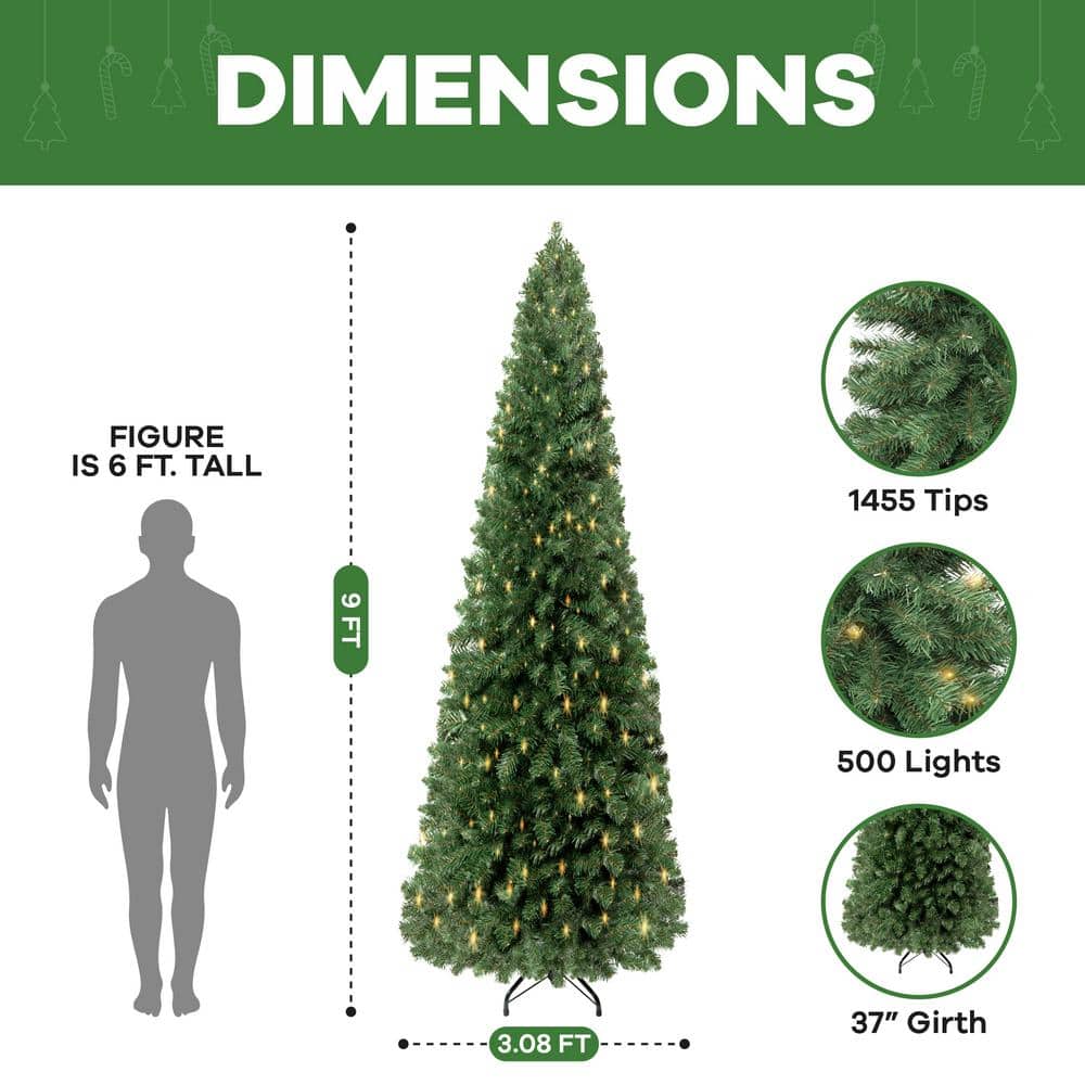 9.5 ft. Skinny Prelit Slim Artificial Christmas Tree with 1455 Branch Tips, 500 Warm Lights and Metal Stand - Hercitys