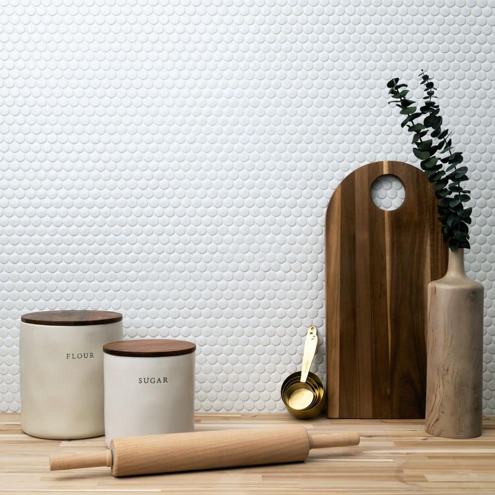 Bianco Penny Round 12 in. x 13 in. x 0.24 in. Glossy Ceramic Mesh-Mounted Mosaic Tile (14.36 sq. ft./Case) - Hercitys