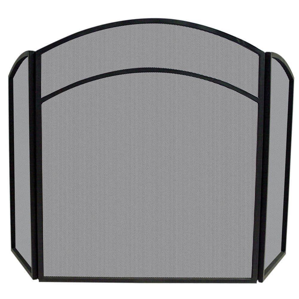 Black Wrought Iron 52 in. W 3-Panel Steel Frame Fireplace Screen with Arch Top and Craftsman Styling - Hercitys