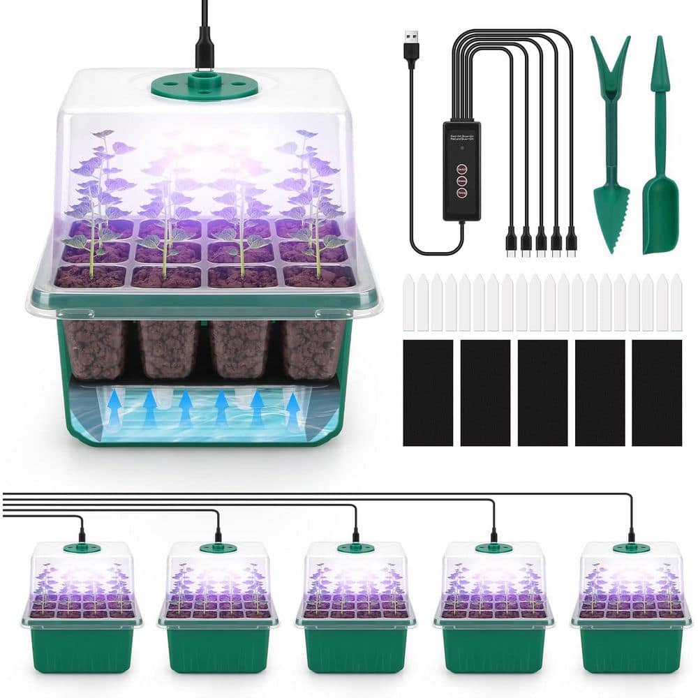 Self-Watering Seed Starter Tray Kit with Grow Light and Humidity Dome 3 Color Light 5-Pack 60-Cell Germination Trays - Hercitys