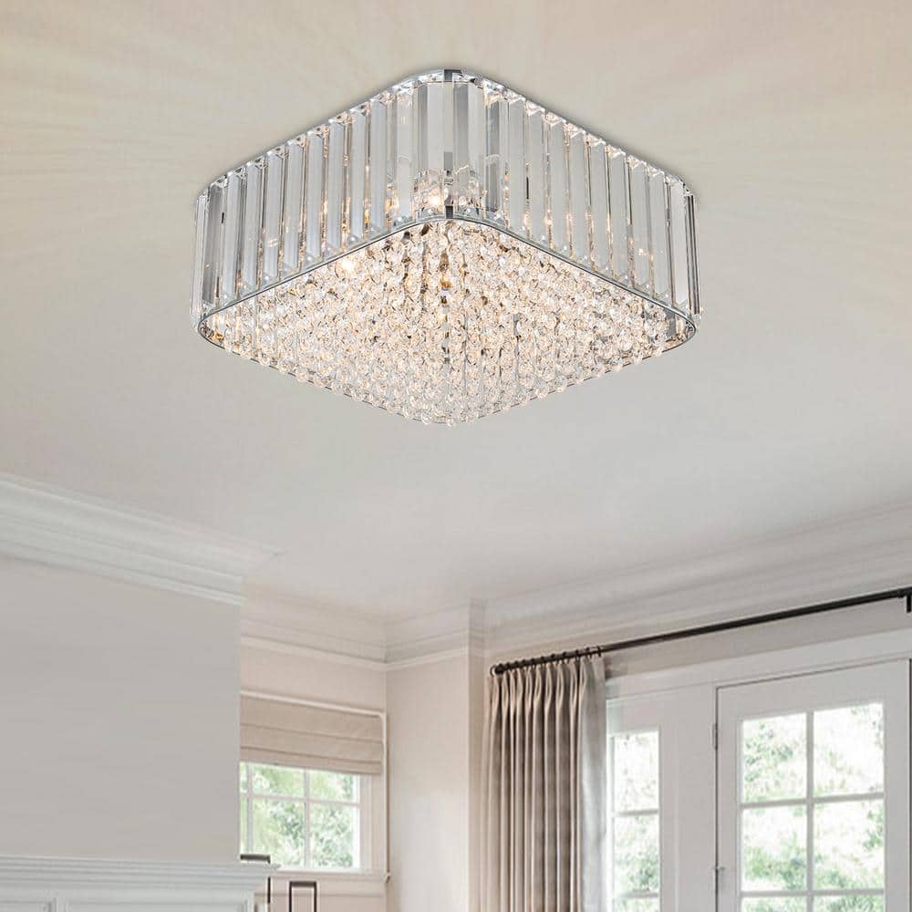 Orillia 13.38 in. 4-Light Chrome Contemporary Square Flush Mount Ceiling Light with Crystal Shade - Hercitys