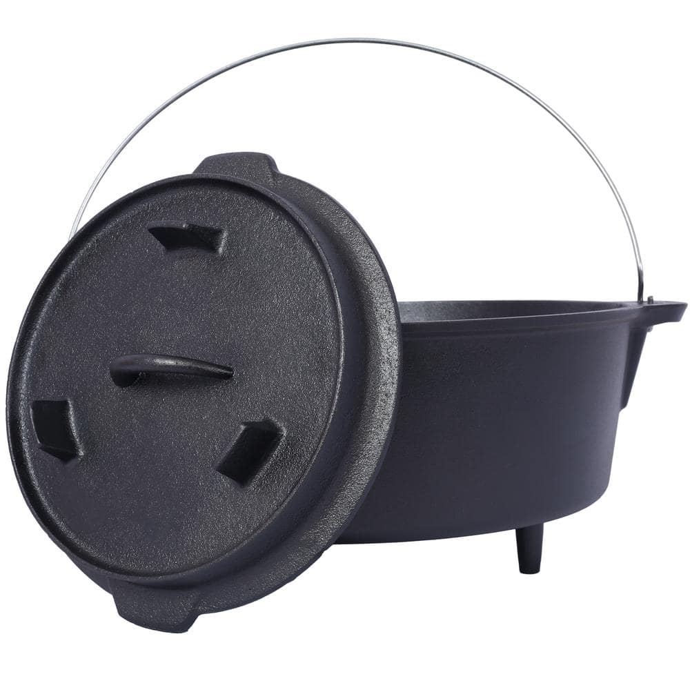 8 qt. Round Pre-Seasoned Cast Iron Dutch Oven in Black with Skillet Lid and Leg Base for Camping Fireplace Cooking BBQ - Hercitys