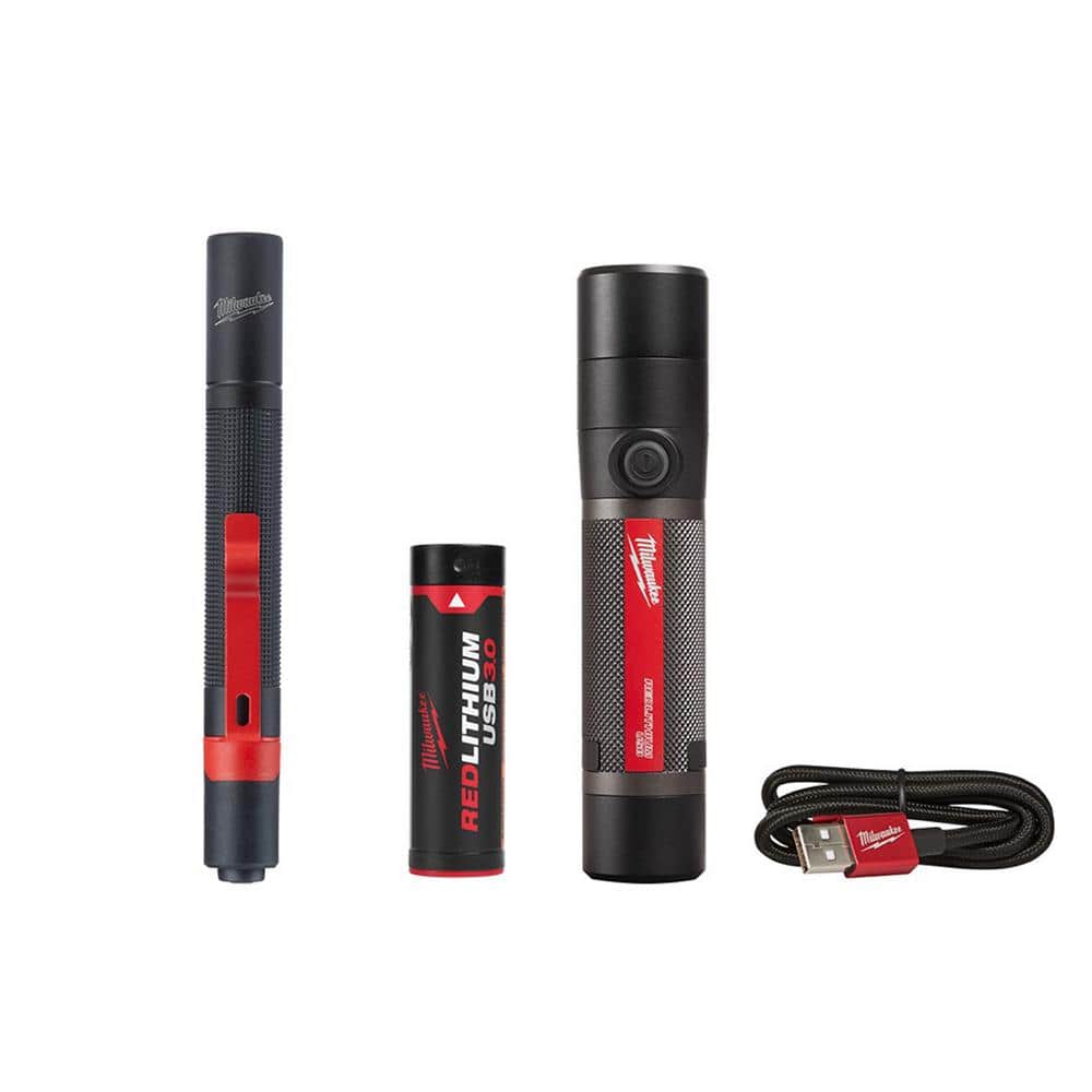 800 Lumens LED USB Rechargeable HP Fixed Focus Flashlight and 100 Lumens Aluminum Pen Light with Clip (2-Pack) - Hercitys