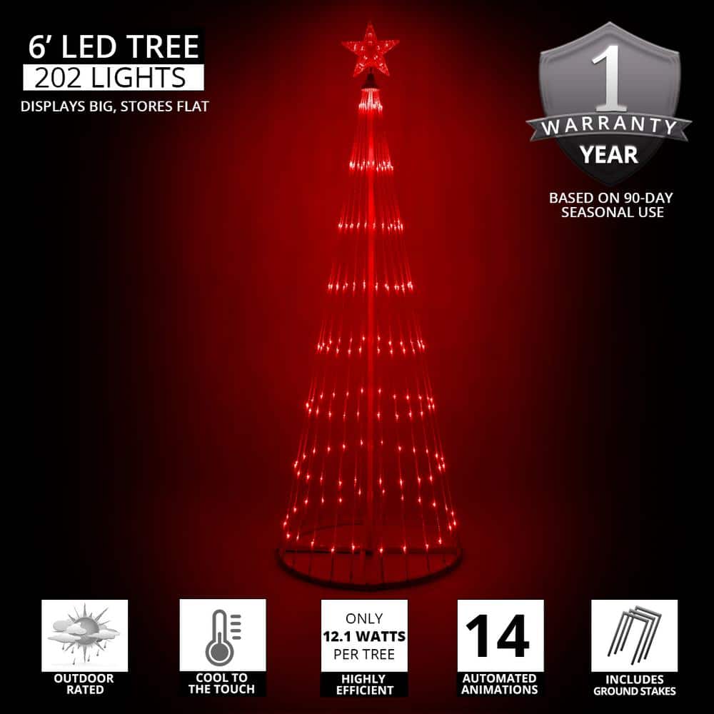 72 in. Christmas Red LED Animated Lightshow Cone Tree with 202 Lights and Star Topper - Hercitys