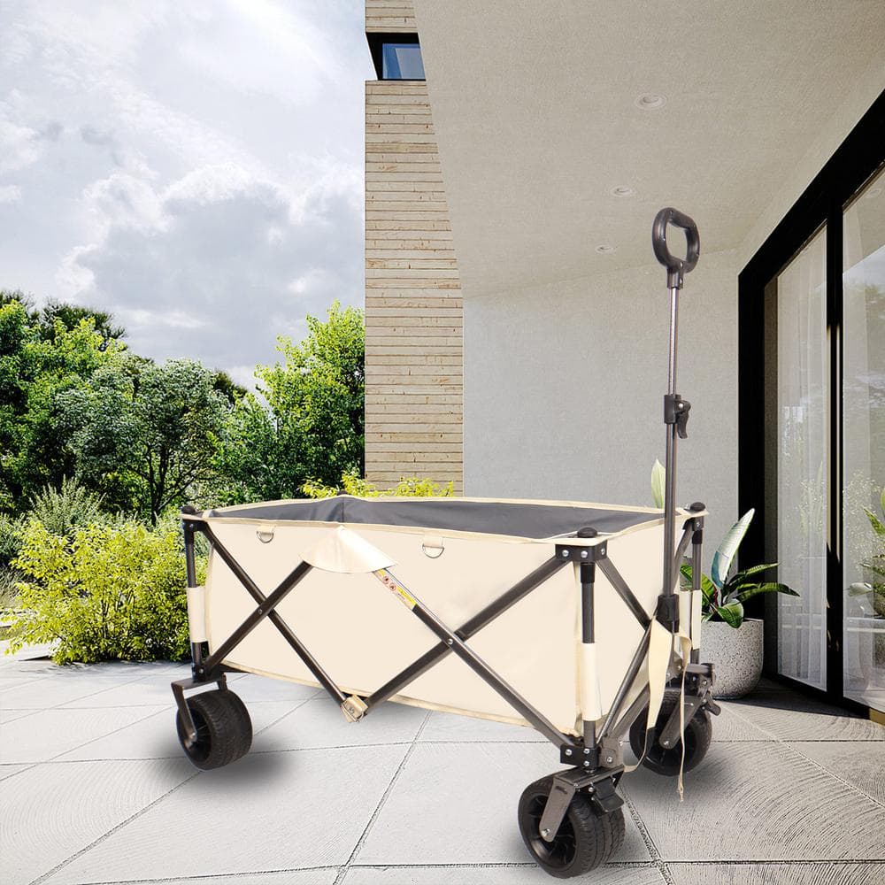 Antique White 4.83 cu. ft. Steel Garden Cart with Big Wheels, Adjustable Handle and Drink Holders - Hercitys