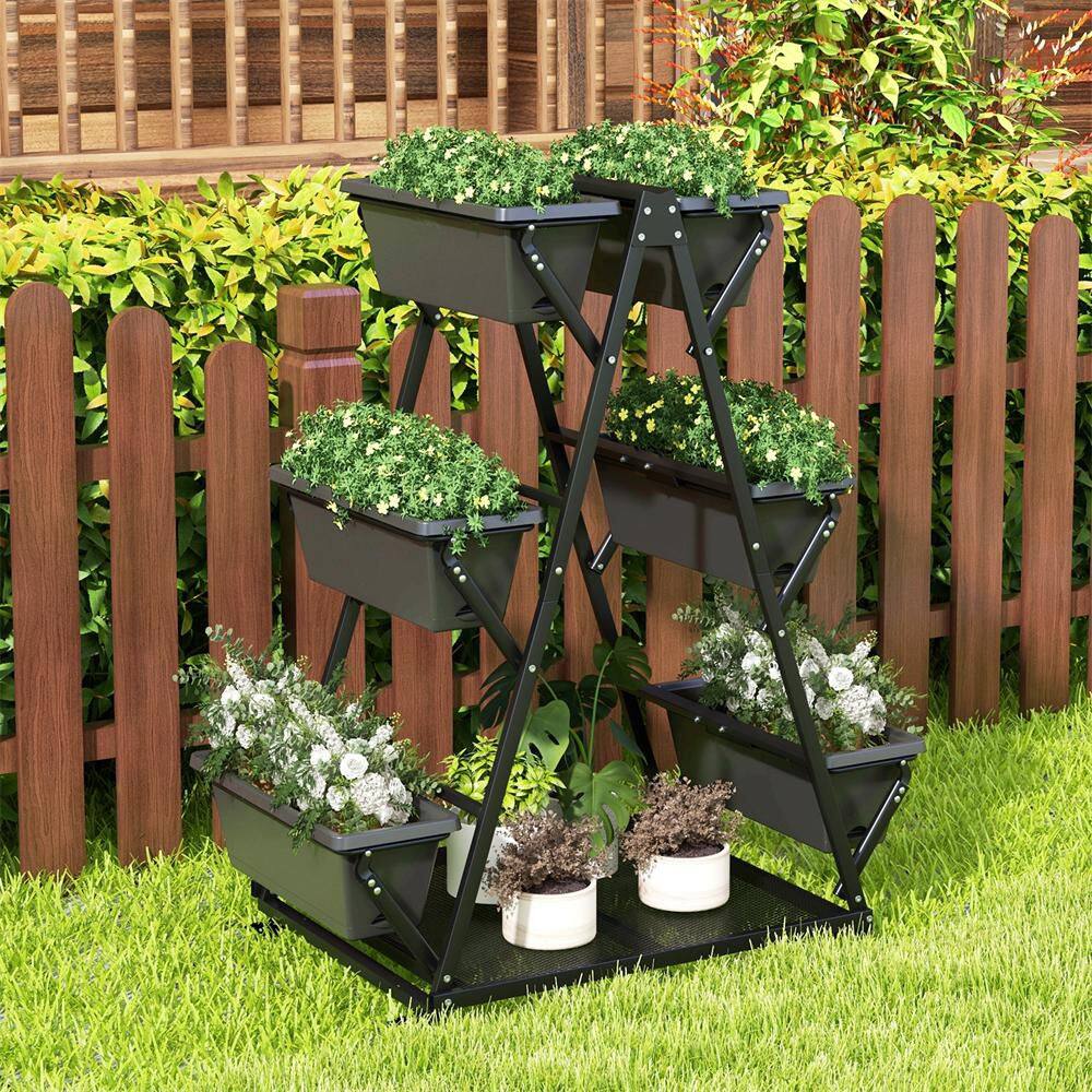 Metal Black Raised Garden Bed Planter Stand Elevated Garden Planter with 6-Container Boxes Drainage System and 4 Wheels - Hercitys